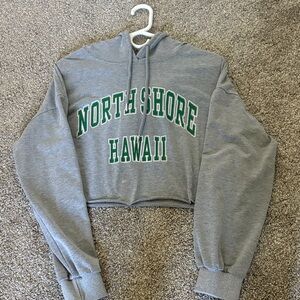 Gray Cropped Hoodie with Green Print